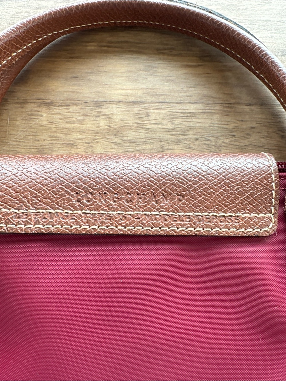 Longchamp Le Pliage Burgundy Tote with Brown Leather Trim - Picture 4 of 13